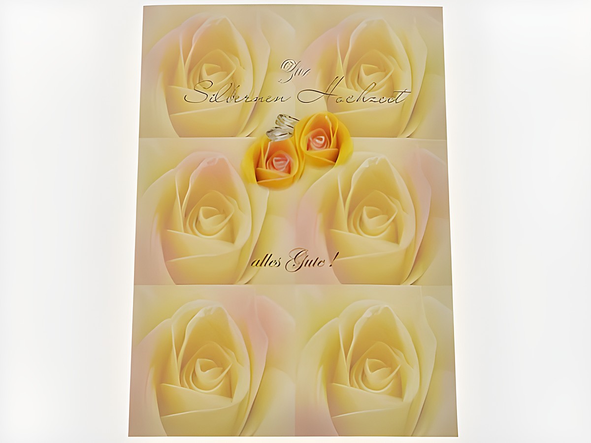 Hochzeitskarte mit zarten Rosen in Gelb und Rosa, geschmückt mit Ringen. Text: Zur Silbernen Hochzeit, alles Gute. Hersteller Juwelier Harnisch, Hochzeitskarten.
