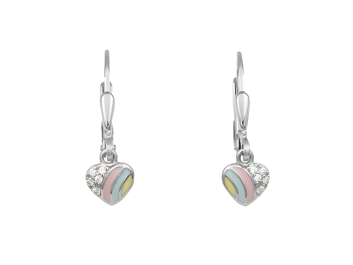 Ohrringe Ohrhänger in Herzform aus buntem Lack mit glitzernden Elementen, aus Sterling Silber und rhodiniert, hergestellt von Juwelier Harnisch, ideal für Kinder.
