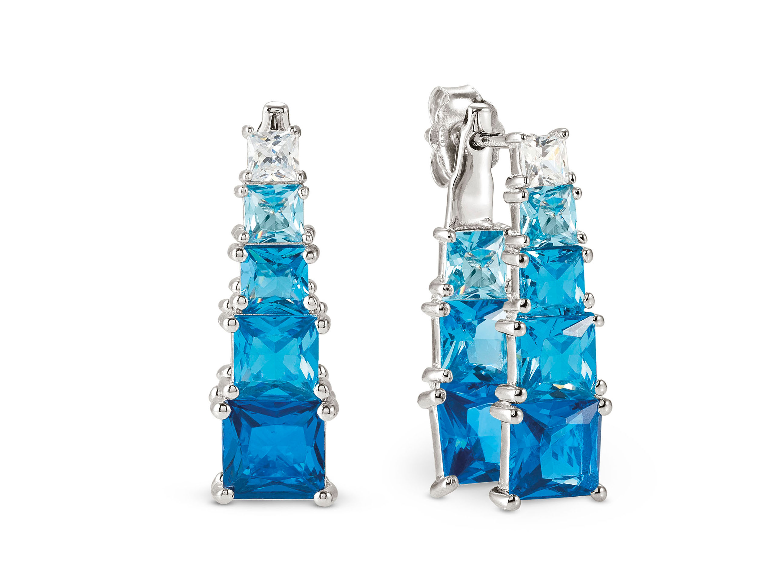 Ohrhänger aus Sterling Silber mit Zirkonia in Himmelblau, gestapelt in einem modernen Design, Höhe 2,5 cm, funkelnd und elegant, ideal für besondere Anlässe oder den Alltag.