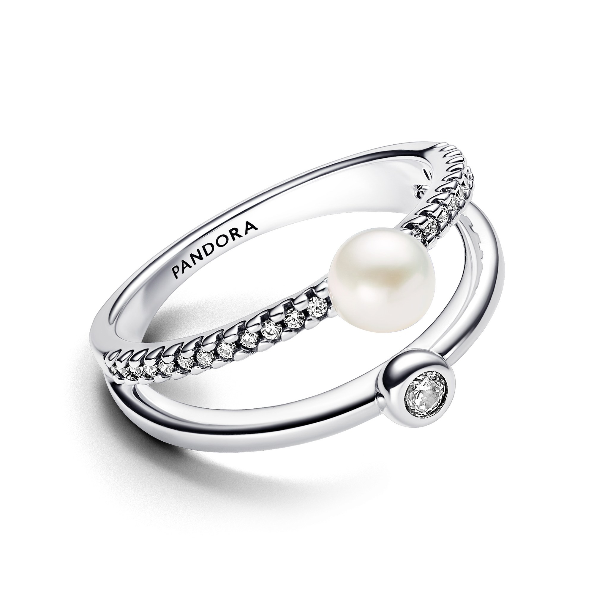 Pandora Zuchtperle & Pavé Doppelband-Ring - Silber - Steinmix Weiß Ansicht 2 – Ansicht 2