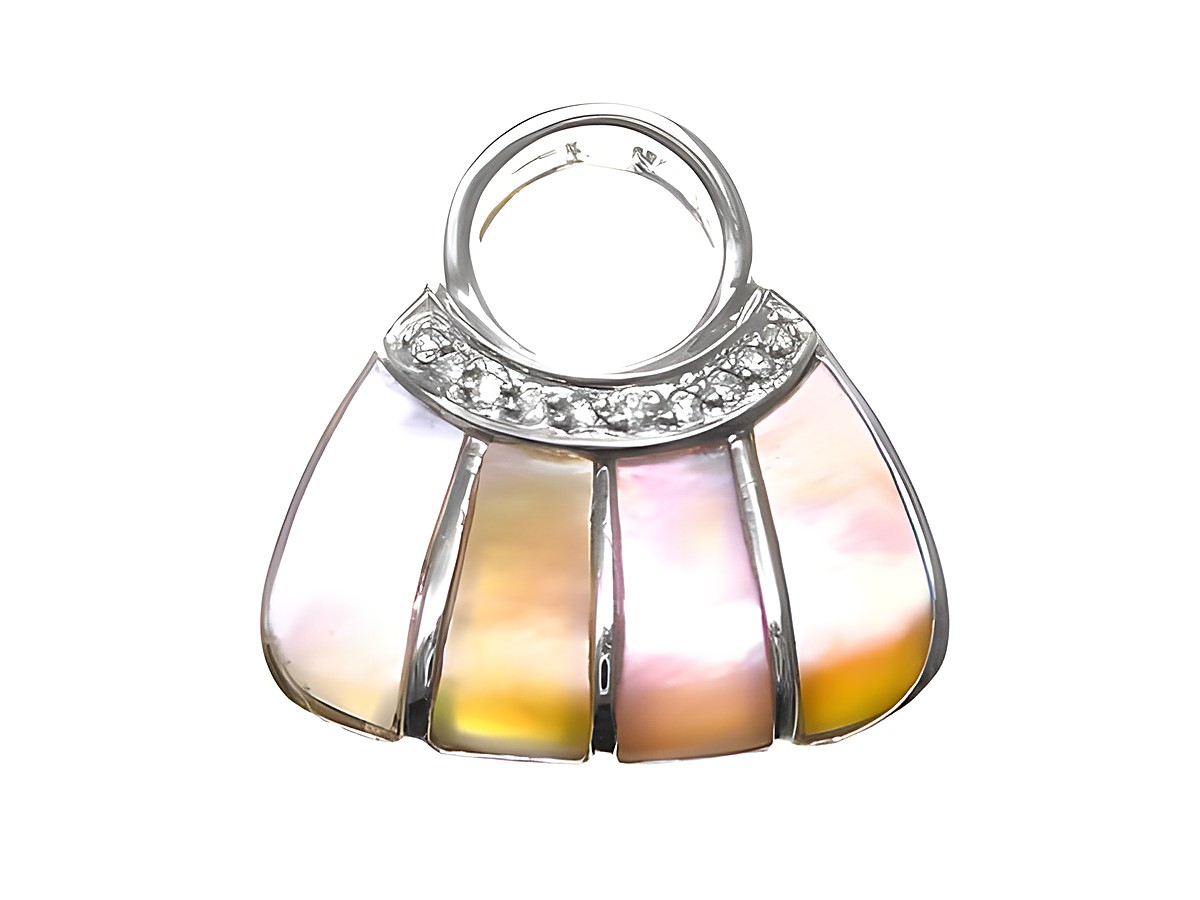 Sterling Silber Anhänger in Form einer Handtasche aus Perlmutt mit Zirkonia, Hersteller Juwelier Harnisch, elegant und einzigartig gestaltet. Ideal für stilvolle Akzente.