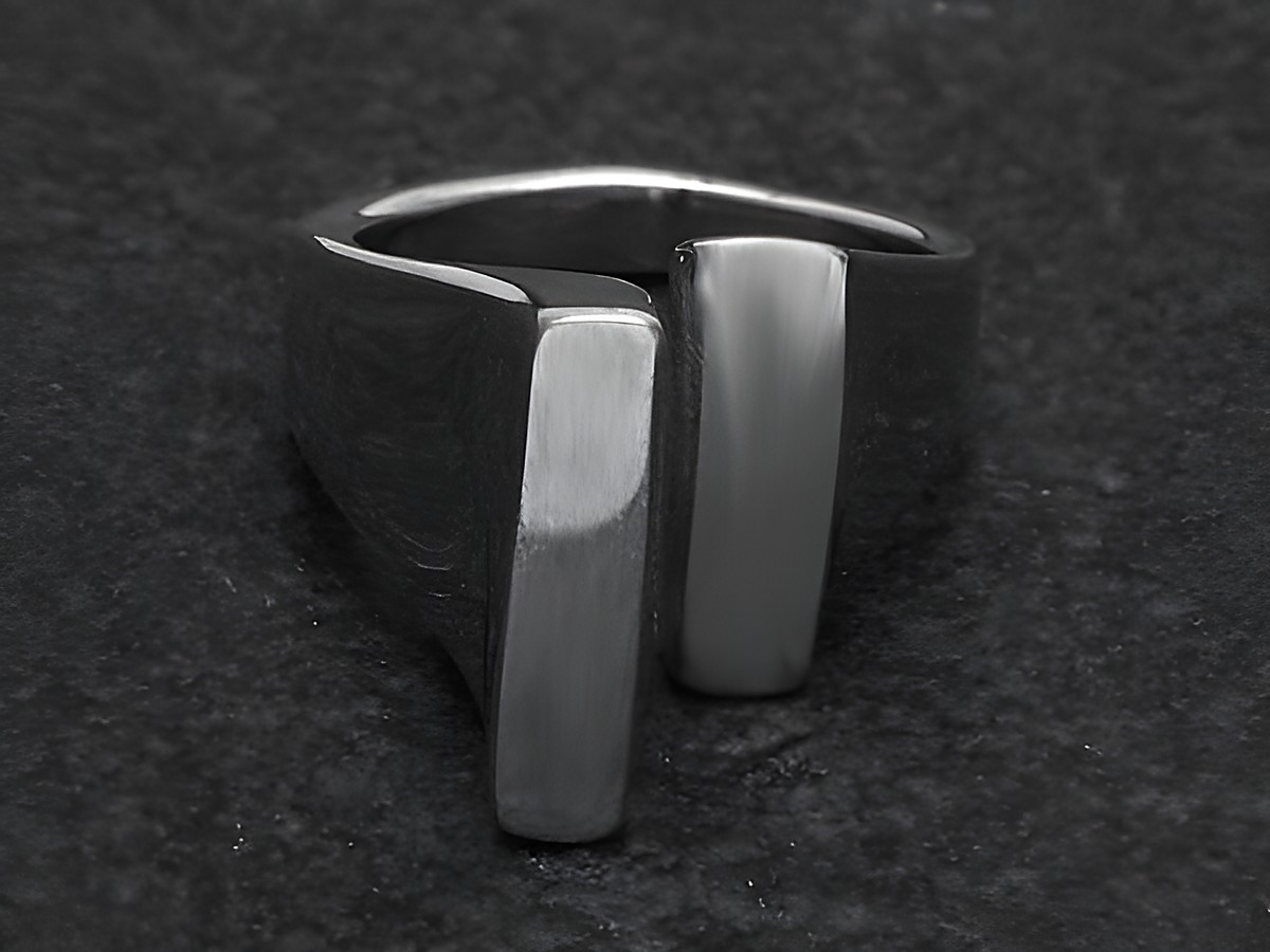 Silberring DESIGN Größe wenig verstellbar, Hersteller Juwelier Harnisch, ohne Stein. Der Ring hat eine moderne, schlichte Form mit zwei flachen Oberflächen.