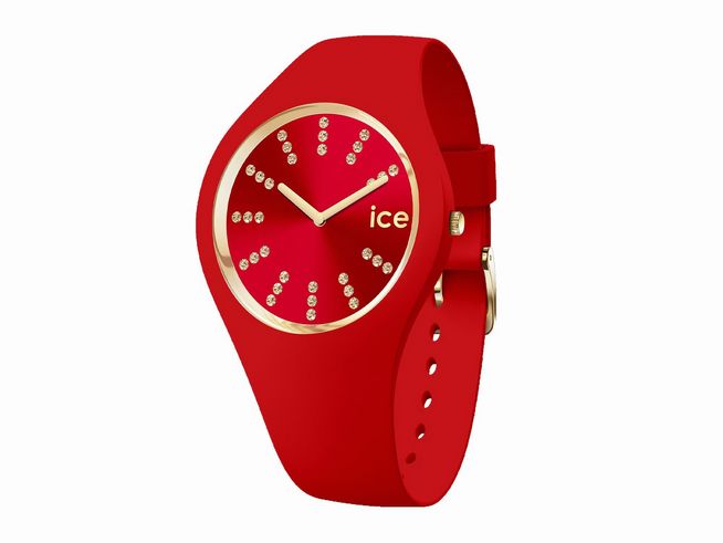 Die Ice Watch ICE cosmos Red gold in der Größe Small zeigt ein rotes Silikonarmband mit einem runden Gehäuse und einem goldenen Zifferblatt, verziert mit Glitzersteinen und weißen Zeigern.