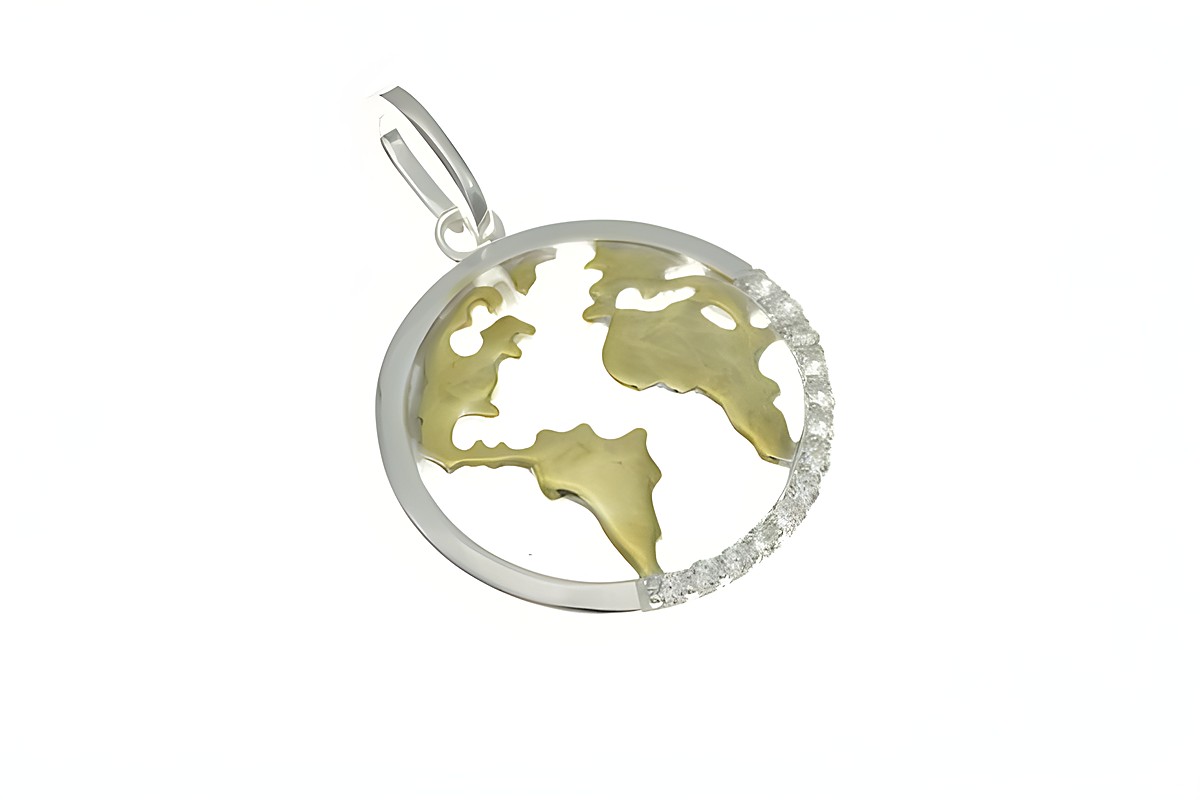 Weltkarte rund Anhänger aus Sterling Silber in Bicolor mit Zirkonia verziert, zeigt die Kontinente in goldfarbener Darstellung, elegantes Design von Juwelier Harnisch.