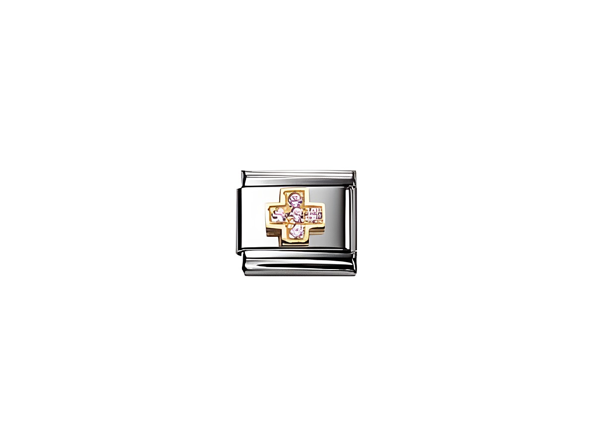 Ein elegantes Zirkonia Kreuz in rosa mit Goldakzenten auf einem silbernen Anhänger von Nomination, ideal für stilvolle Armbänder und persönliche Schmuckstücke.