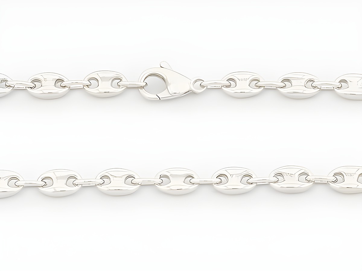Bohnenkette aus rhodiniertem Silber mit einer Länge von 60 cm und einer Gliedgröße von 6 x 4,2 mm, hergestellt von Juwelier Harnisch, weitere Kettenmuster verfügbar.