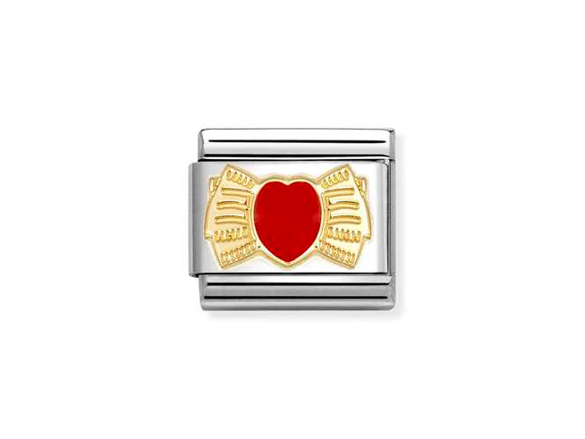 Edelstahlarmband mit Herzmotiv in rotem Emaille und 585 Gelbgold Herzschleife, moderne und romantische Schmuckkollektion von Nomination, Neuheiten im Onlineshop.