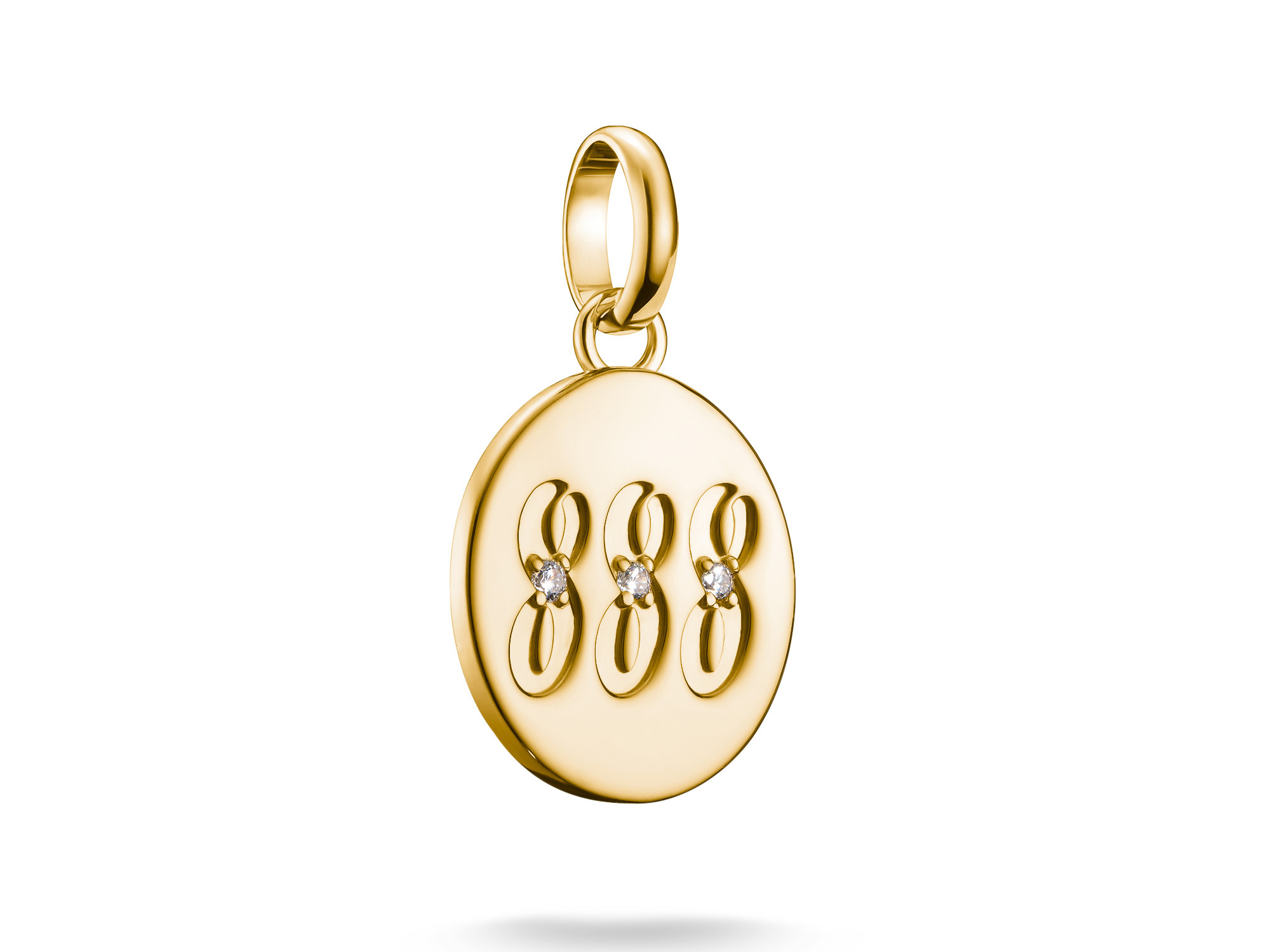 Charm von Thomas Sabo aus Silber und vergoldetem Gelbgold mit der Engelzahl 888, verziert mit Zirkonia, Teil des Charm Club CONNECT. Ideal zum Verleihen von Bedeutung.