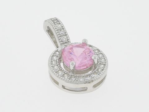 Silber Anhänger rund in Silber mit hinreißendem pink Zirkonia, umgeben von funkelndem Zirkonia, Hersteller Juwelier Harnisch.