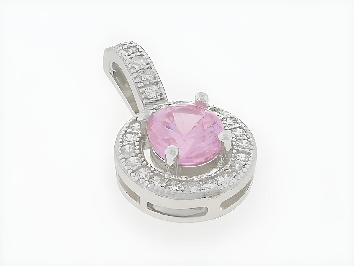 Silber Anhänger rund in Silber mit hinreißendem pink Zirkonia, umgeben von funkelndem Zirkonia, Hersteller Juwelier Harnisch.