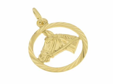 Pferdekopf Gold Anhänger 333 für Reitsport von Juwelier Harnisch, detailreiches Design mit geriffeltem Rahmen, ideal für Tierliebhaber und Reiter als Schmuckstück.