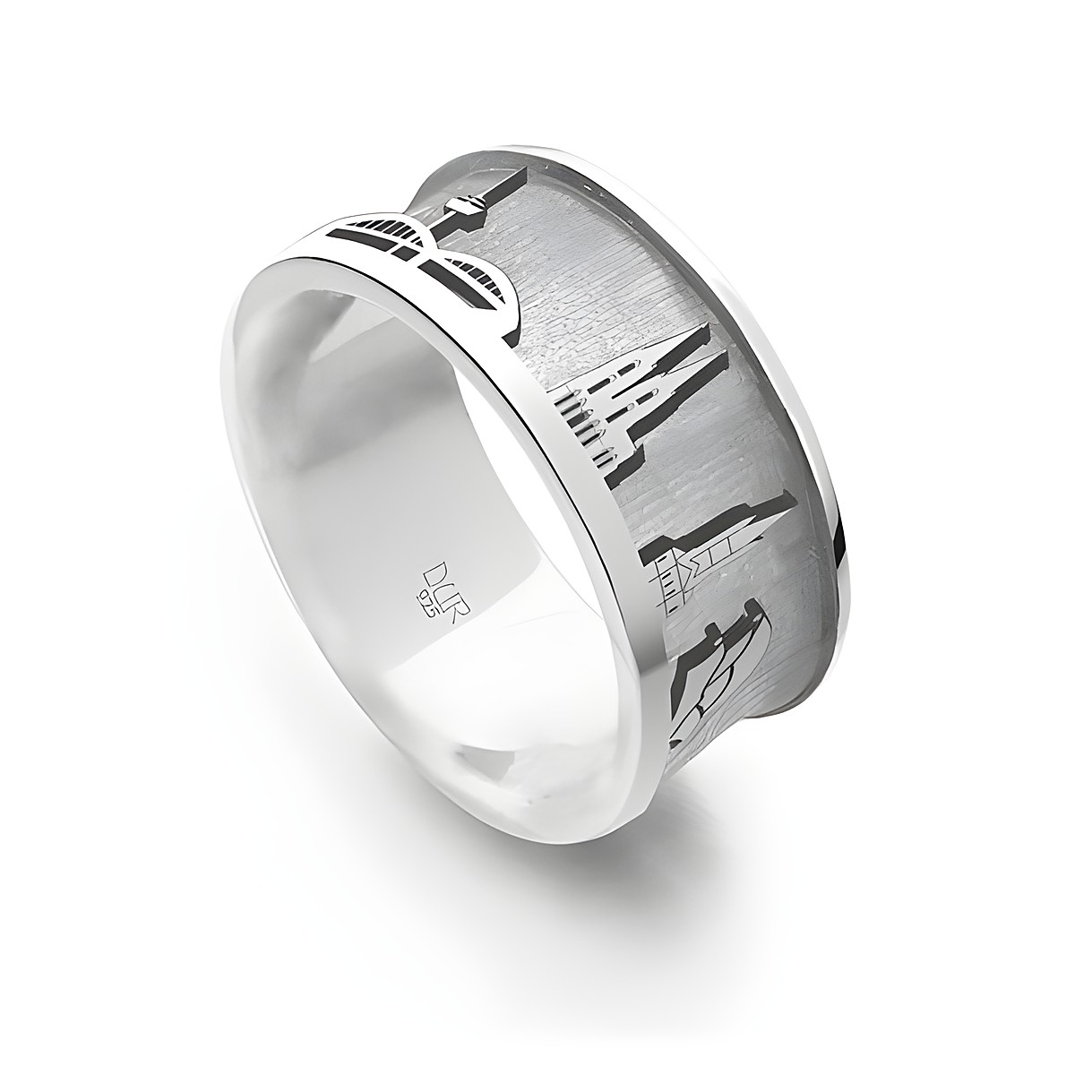 Sterling Silber Stadtring von DUR in Größe 52, rhodiniert mit Sandlos-Oberfläche und filigranen Stadt-Silhouetten, ideal für stilvolle Akzente.