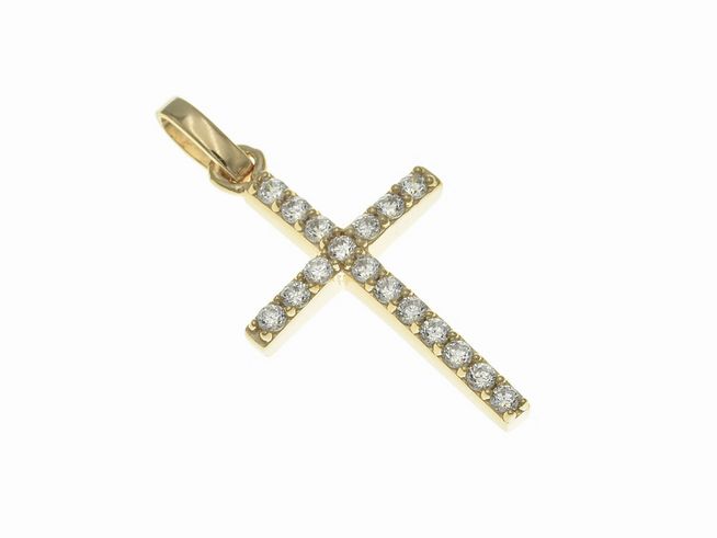 Anhänger aus Sterling Silber, poliert und vergoldet in Roségold, Kreuzform, besetzt mit Zirkonia-Steinen, gefertigt von Juwelier Harnisch.