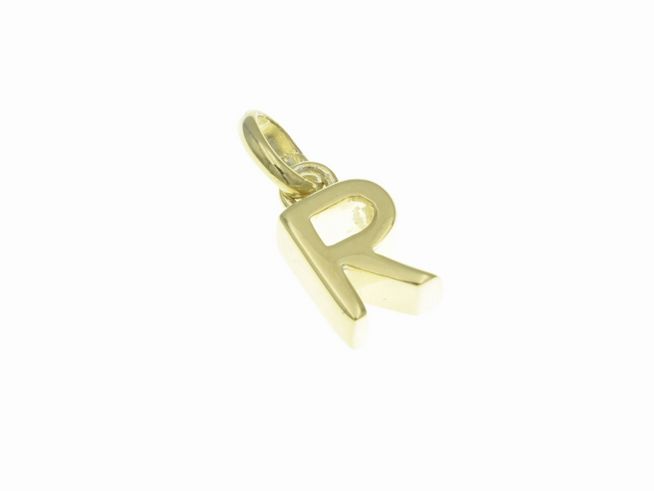 Anhänger aus poliertem Sterling Silber in Form des Buchstabens R, vergoldet in Gelbgold, hergestellt von Juwelier Harnisch, ideal für persönliche oder modische Akzente.