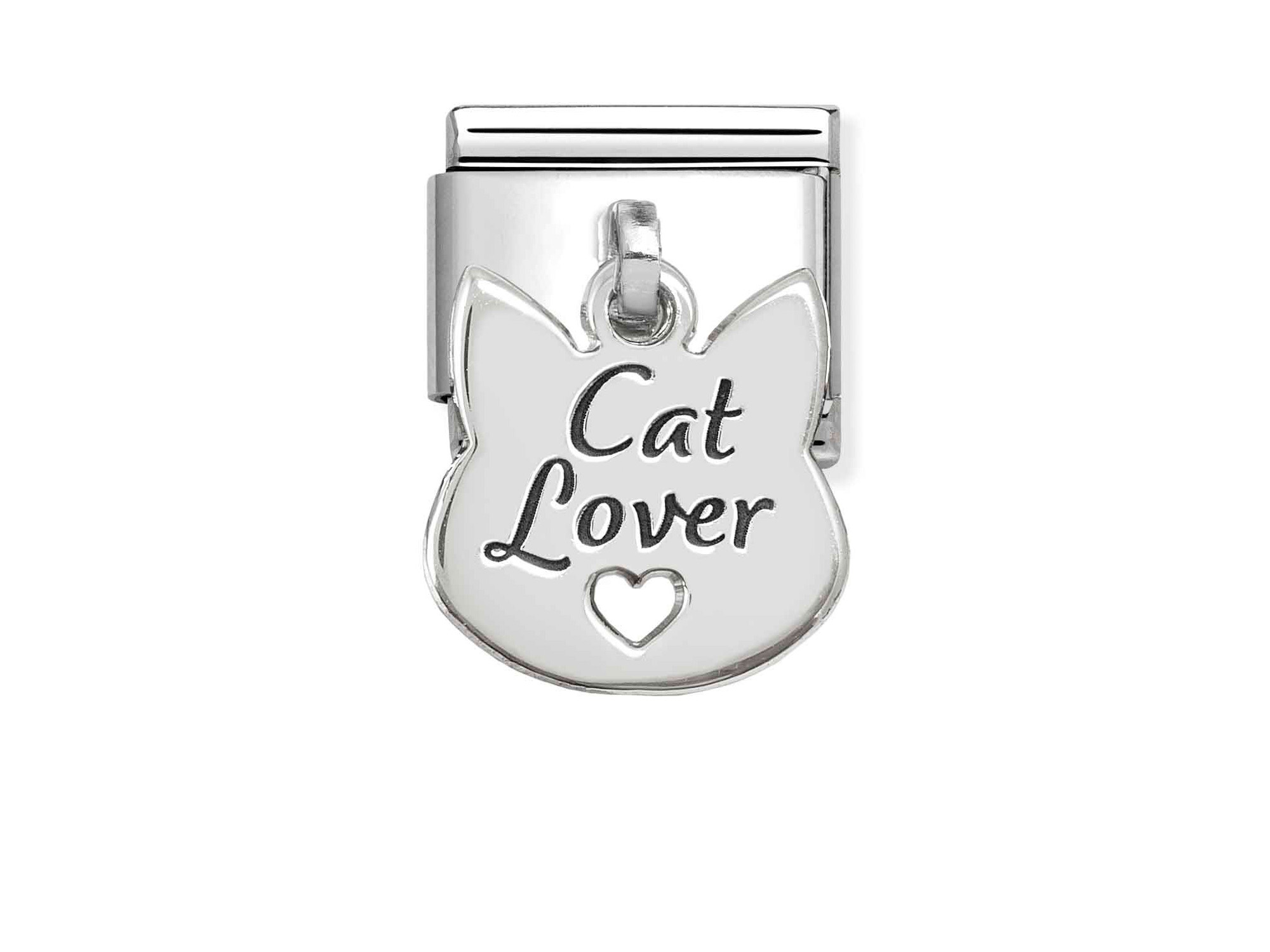 Ein Classic Sterling Silber Charm von Pandora in Katzenform mit dem Schriftzug Cat Lover und einem Herzsymbol, ideal für Katzenliebhaber.