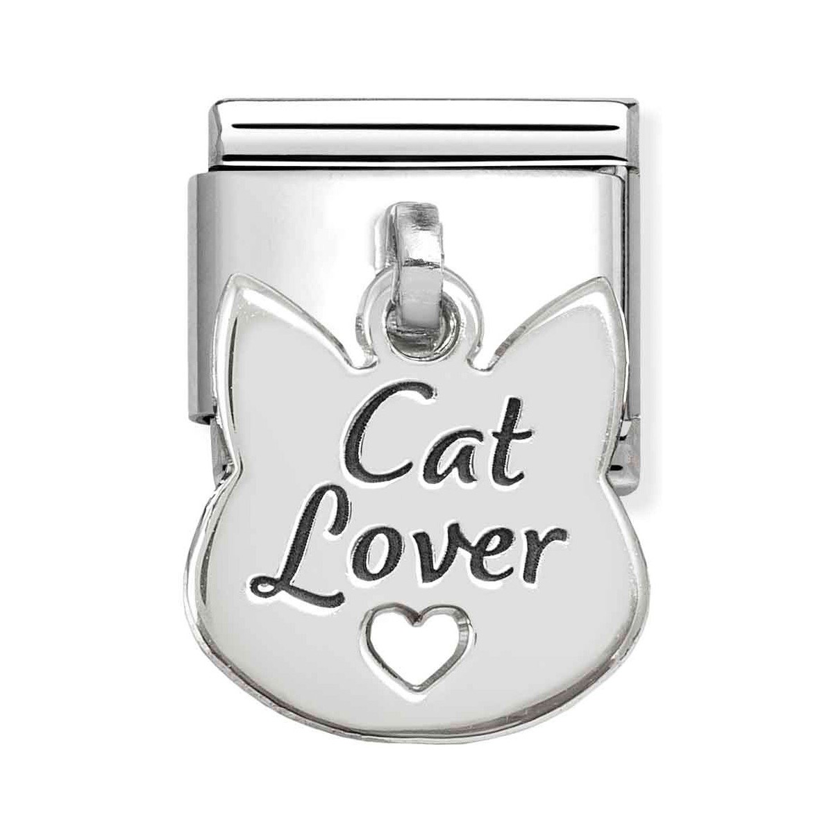 Ein Classic Sterling Silber Charm von Pandora in Katzenform mit dem Schriftzug Cat Lover und einem Herzsymbol, ideal für Katzenliebhaber.