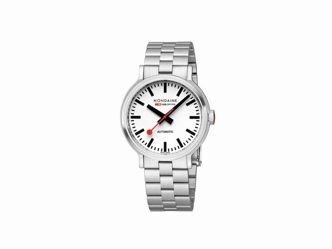 Mondaine Original Automatik MST.4161B.SJ Armbanduhr mit 41 mm Gehäuse, Edelstahlarmband, weißem Zifferblatt, rote Sekundenanzeige und schwarze Stundenmarkierungen.