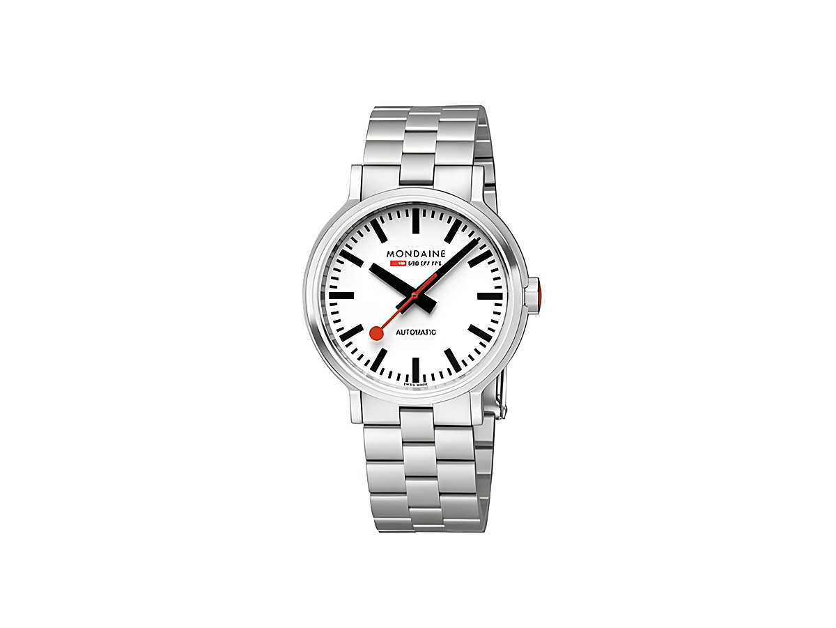 Mondaine Original Automatik MST.4161B.SJ Armbanduhr mit 41 mm Gehäuse, Edelstahlarmband, weißem Zifferblatt, rote Sekundenanzeige und schwarze Stundenmarkierungen.