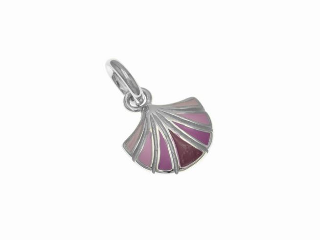 Sterling Silber Anhänger in Muschelform, poliert und rhodiniert, verziert mit hellrosa, rosa, beerigen und pinken Lackdetails, hergestellt von Juwelier Harnisch, maritim und seefahrtinspiriert.