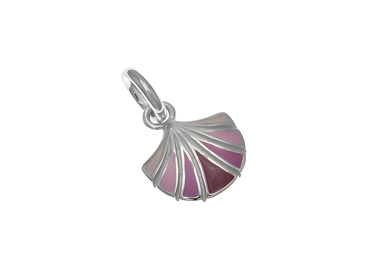 Sterling Silber Anhänger in Muschelform, poliert und rhodiniert, verziert mit hellrosa, rosa, beerigen und pinken Lackdetails, hergestellt von Juwelier Harnisch, maritim und seefahrtinspiriert.