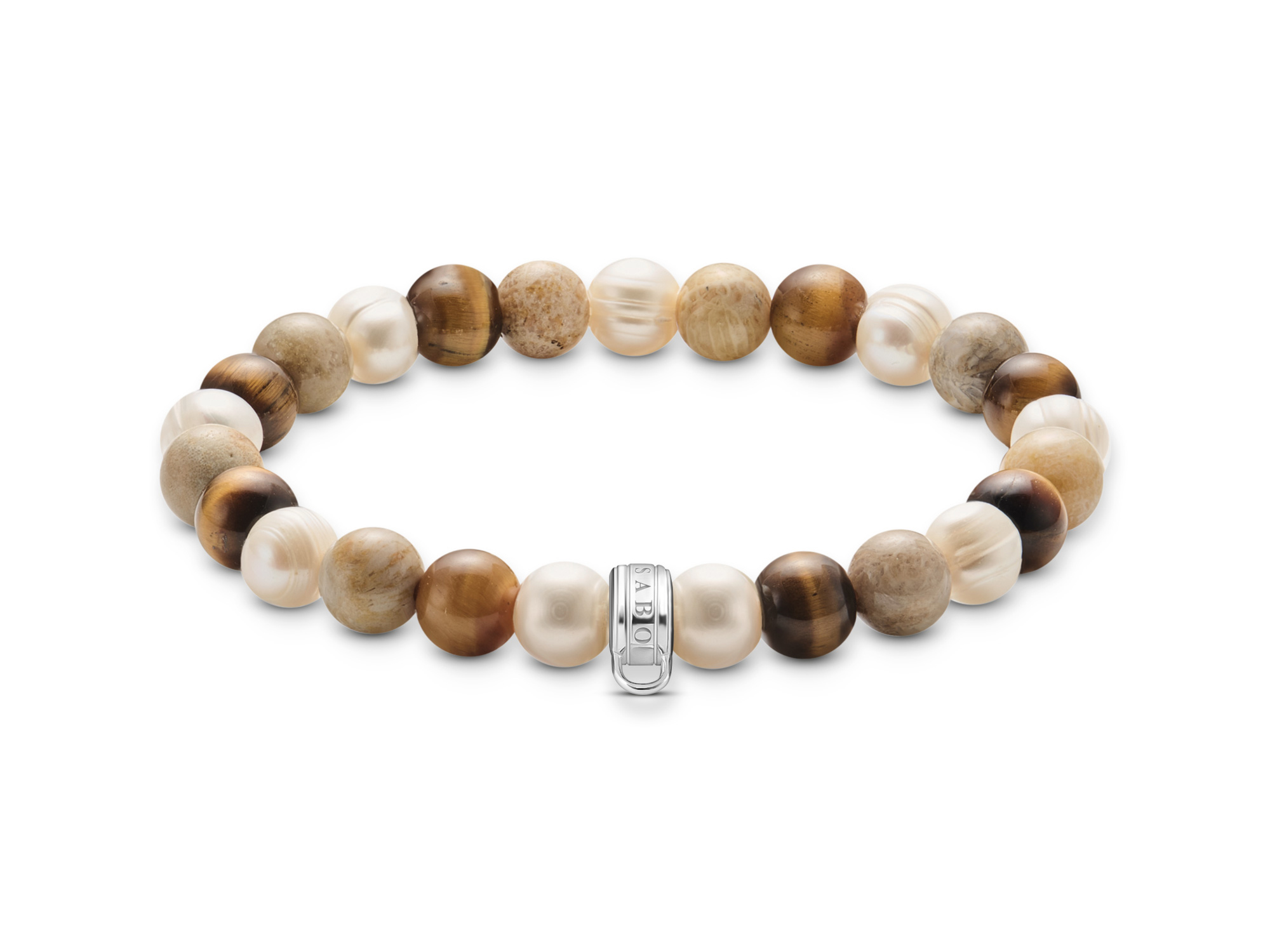 Farbenfrohes Thomas Sabo Armband X0293-014-7-L15 aus verschiedenen runden Perlen in Braun und Beige, verziert mit einem silbernen Verschluss, geeignet für Handgelenke von 15 cm.