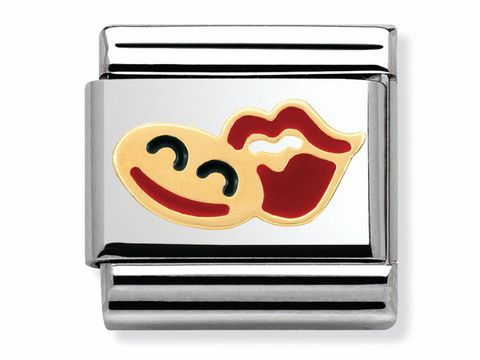 Edelstahlarmband mit Emaille-Lachgesicht und Mund, farbenfrohes Design in Rot und Gelb auf glänzendem Hintergrund, fröhliche Ausstrahlung, ideal für einen positiven Look.