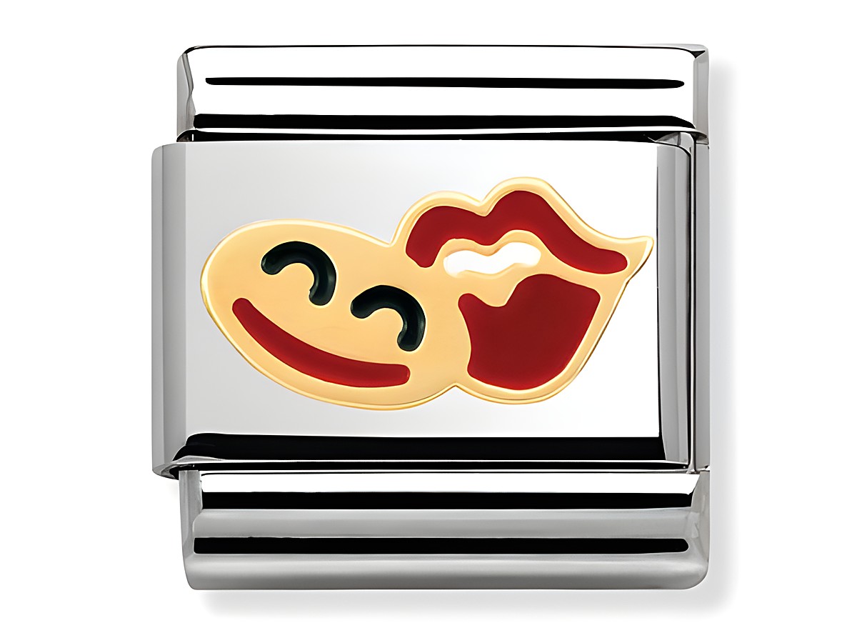 Edelstahlarmband mit Emaille-Lachgesicht und Mund, farbenfrohes Design in Rot und Gelb auf glänzendem Hintergrund, fröhliche Ausstrahlung, ideal für einen positiven Look.