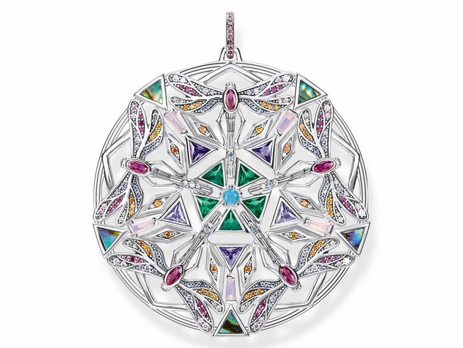 Anhänger von Thomas Sabo aus Sterling Silber mit farbigen Zirkonia, dargestellt in einer filigranen, blütenähnlichen Form mit asymmetrischen Mustern und bunten Steinen.