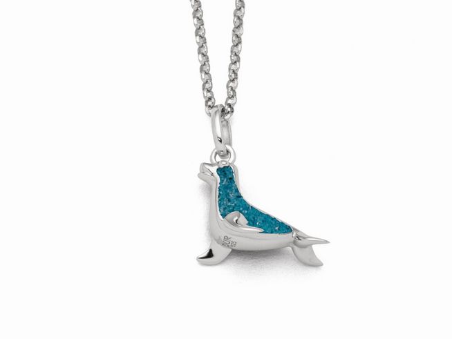 Sterling Silber Kette mit einem Anhänger in Form eines Seehundes, gefüllt mit blauem Steinsand, Länge 42 cm, von DUR.