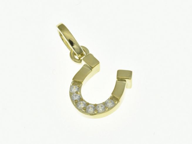 Hufeisen Anhänger aus Sterling Silber Bicolor mit Gelbgold und Zirkonia, Hersteller Juwelier Harnisch, als Glücksbringer gestaltet. Elegantes Design für besonderen Anlass.