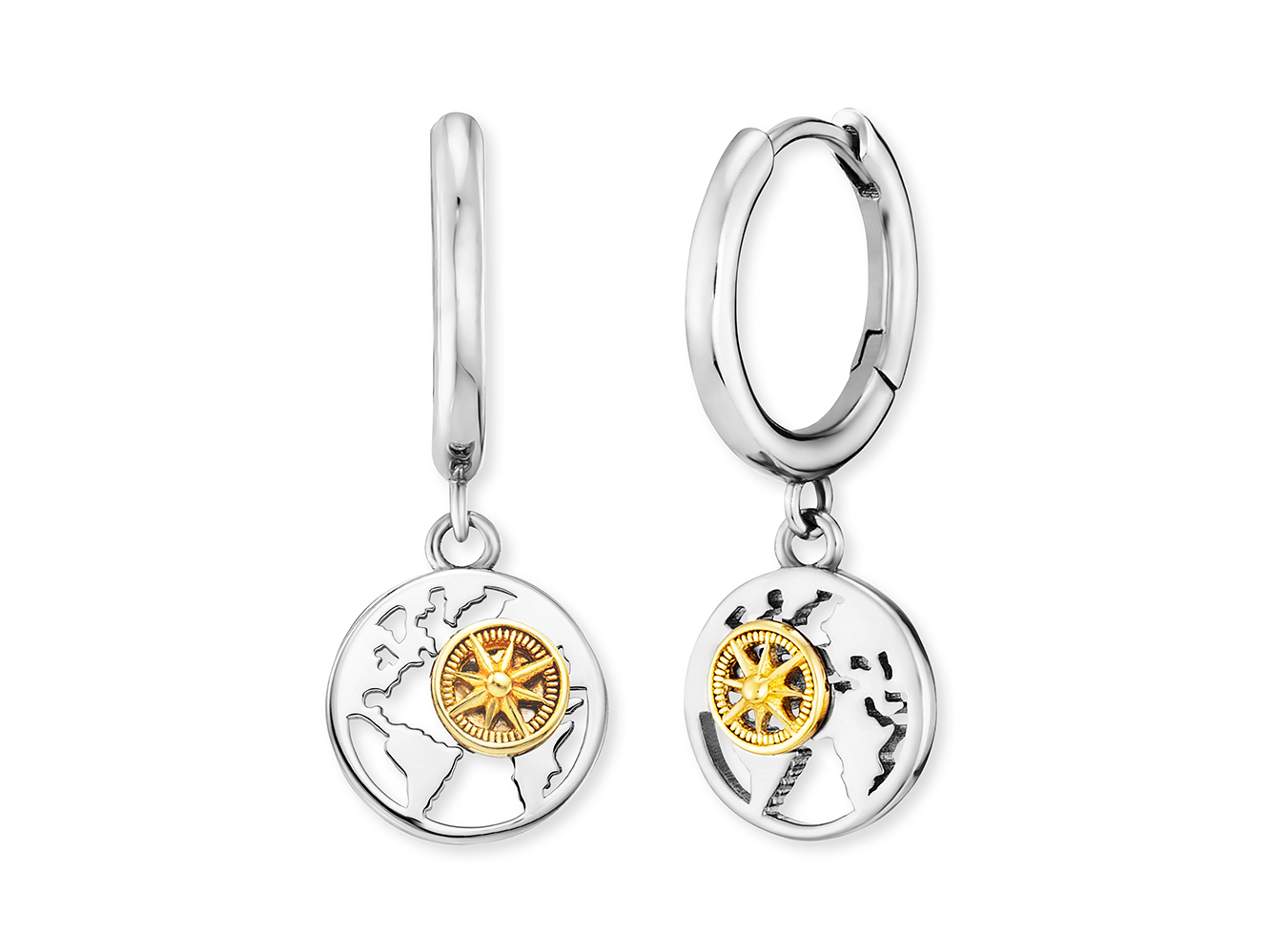 Ohrringe von Engelsrufer ERE-ALOHAWORLD-BI-CR ALOHA Creole Bicolor aus Gelbgold Vergoldung auf Sterling Silber 14, mit einem detaillierten Globusdesign und goldfarbener Kompassrose.