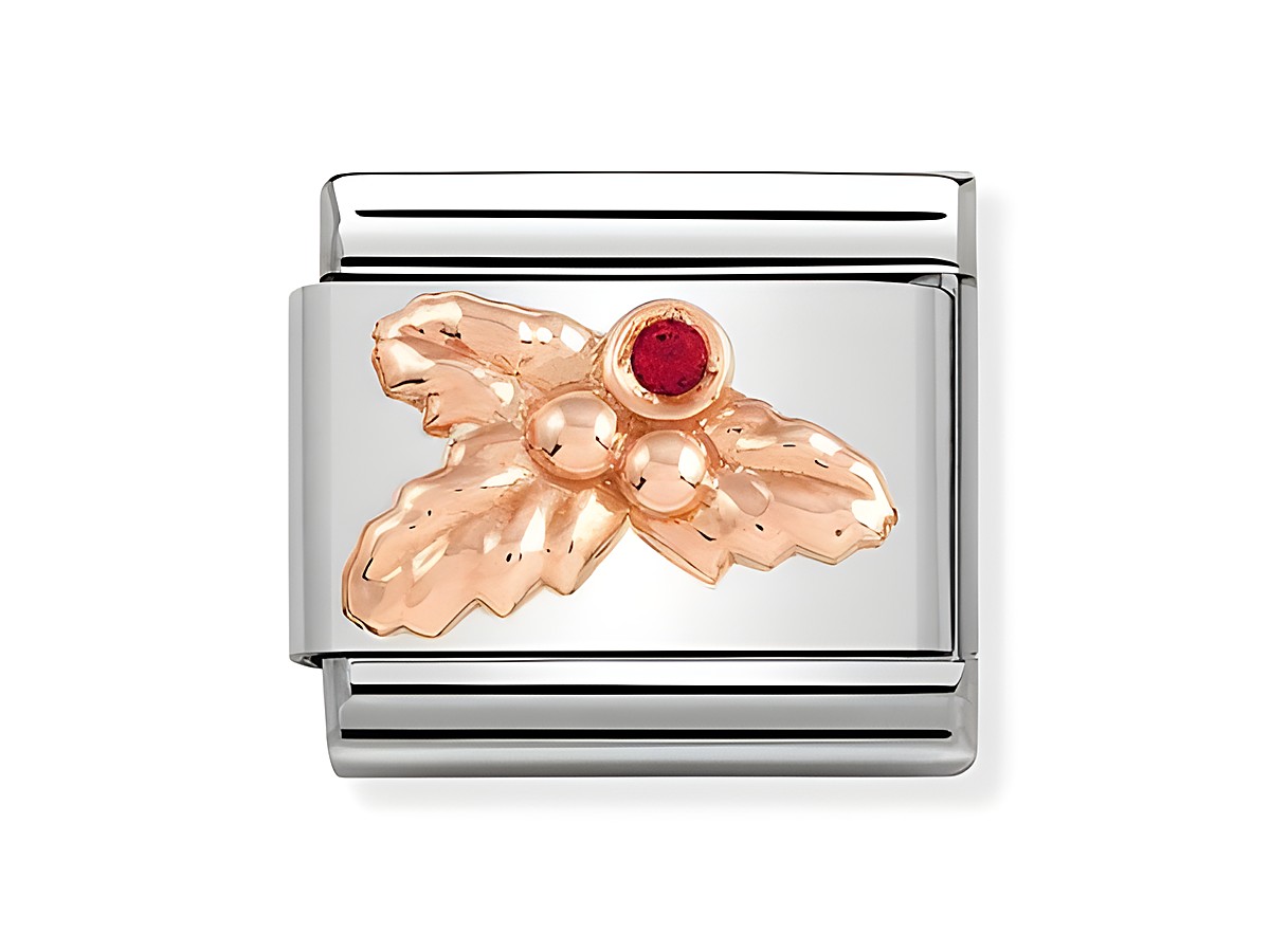 Edelstahl Charm mit Stechpalme in Roségold und Zirkonia, dargestellt durch ein detailreiches Design mit glänzenden Blättern und Beeren, ideal für stilvolle Armbänder.