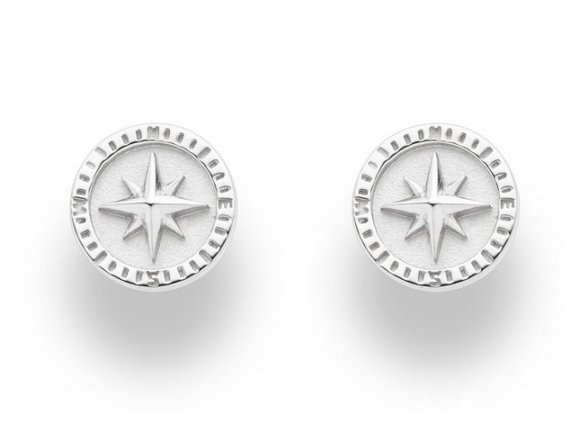 Sterling Silber Ohrringe mit einem stilisierten Kompassrosen-Motiv, rhodiniert für zusätzlichen Glanz, modernes Design von DUR, ideal für den täglichen Gebrauch und besondere Anlässe.