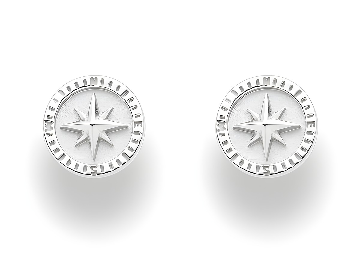 Sterling Silber Ohrringe mit einem stilisierten Kompassrosen-Motiv, rhodiniert für zusätzlichen Glanz, modernes Design von DUR, ideal für den täglichen Gebrauch und besondere Anlässe.