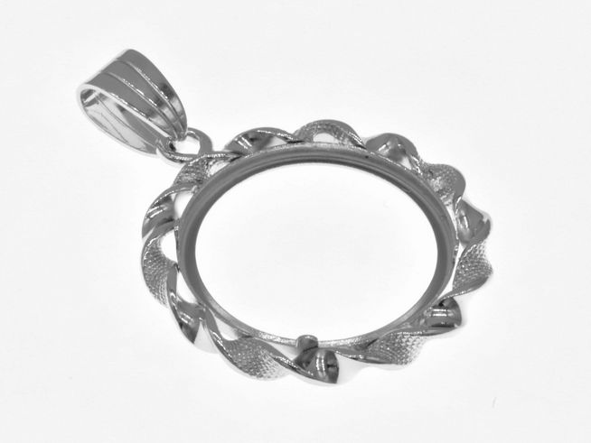 Münzfassung Anhänger aus rhodiniertem 925 Sterling Silber mit Kordel-Design, geeignet für Münzen mit einem Durchmesser von bis zu 20 mm, Hersteller Juwelier Harnisch.