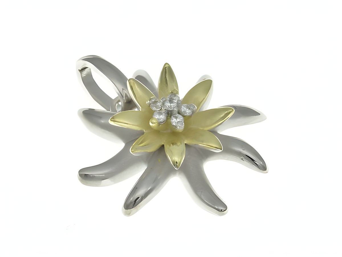 Edelweiß Anhänger aus Sterling Silber in Bicolor, rhodiniert mit Zirkonia, hergestellt von Juwelier Harnisch, Pflanze in floralem Design.