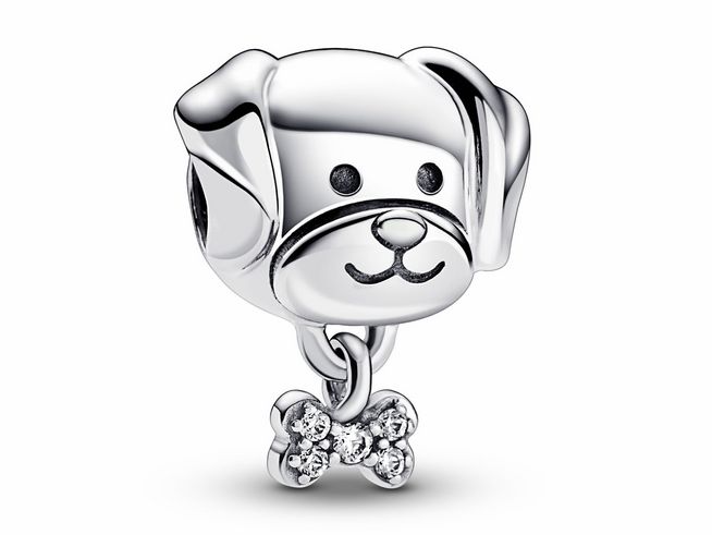 Charm in Form eines Hundes aus Sterling Silber mit Zirkonia in klarem Design, hängt an einem kleinen Knochen, ideal für Hundeliebhaber und als Schmuckstück geeignet.
