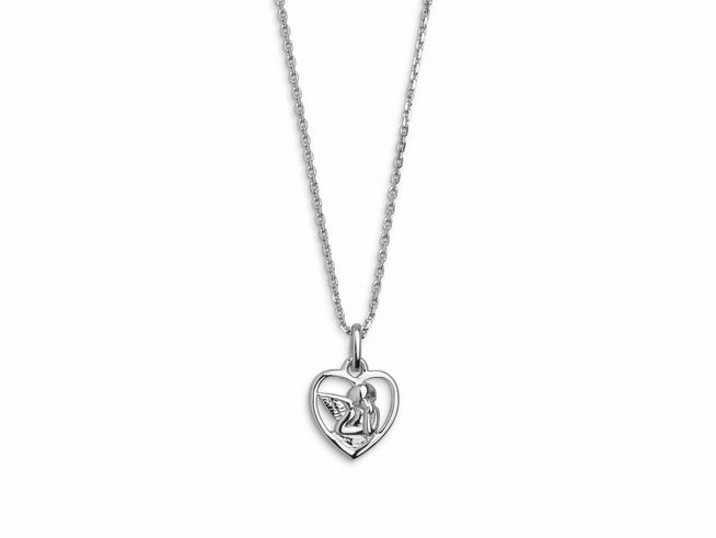 Xenox Sterling Silber Kette XS3549 mit einem Herzanhänger, der einen Schutzengel zeigt, an einer feinen Ankerkette, Länge 40-45 cm, elegant und symbolisch.
