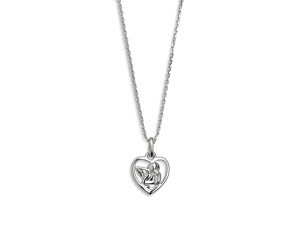 Xenox Sterling Silber Kette XS3549 mit einem Herzanhänger, der einen Schutzengel zeigt, an einer feinen Ankerkette, Länge 40-45 cm, elegant und symbolisch.