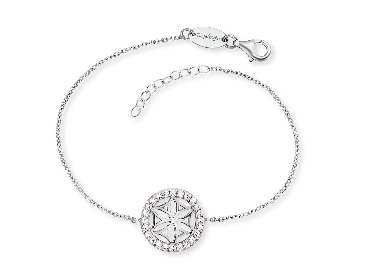 Silbernes Armband von Engelsrufer mit einem Anhänger in Form einer Lebensblume, umgeben von Zirkonia-Steinen, rhodiniert, Länge 17 cm. Elegantes und zeitloses Design.