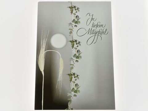 Eine Trauerkarte mit Efeuranke auf sanftem Hintergrund, der Text "In tiefem Mitgefühl" elegant gestaltet, kombiniert mit zarten Pflanzenelementen, vermittelt Trost und Anteilnahme.