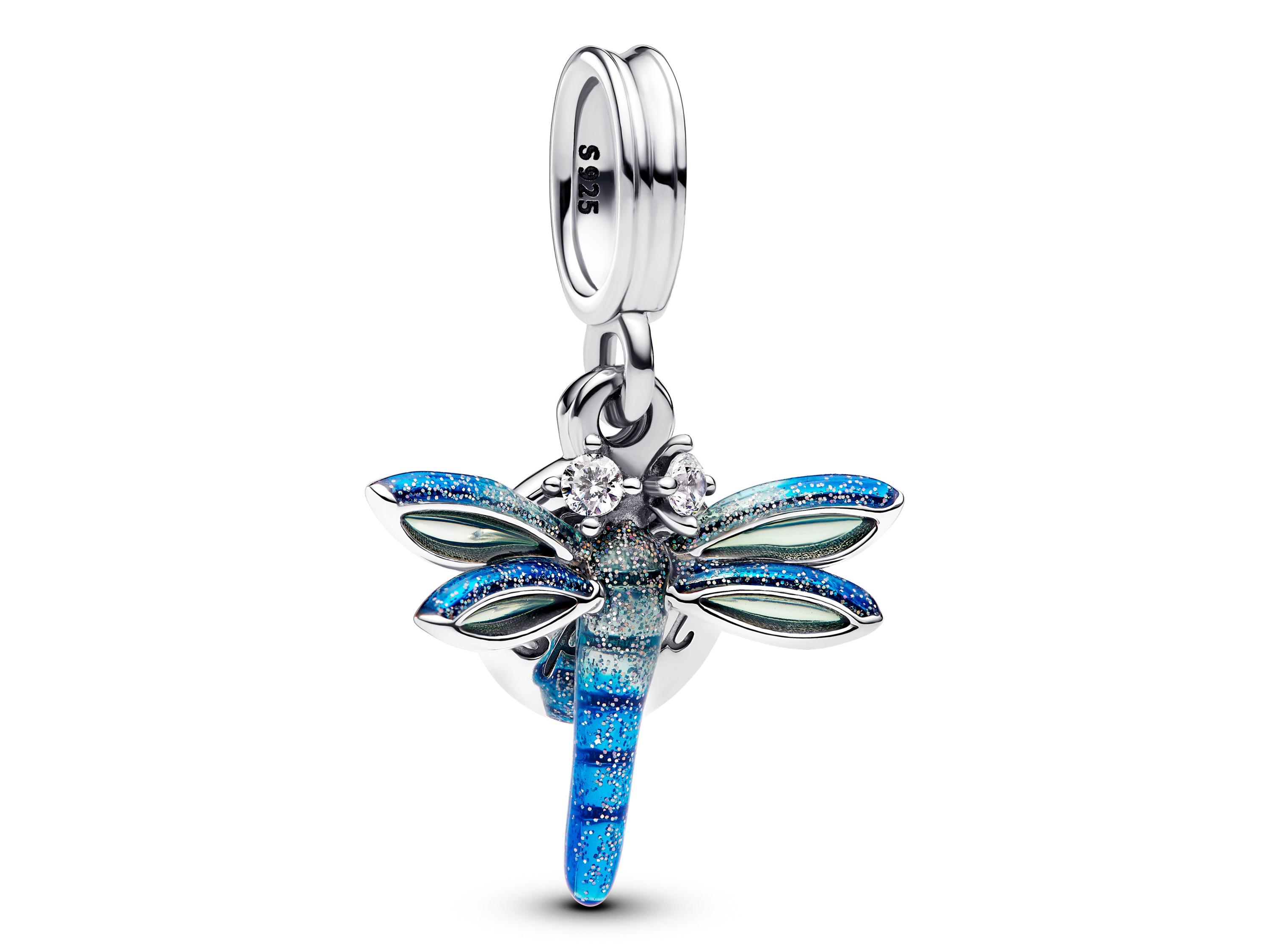 Pandora 793745C01 Charm - Libelle Doppelcharm - Sterling Silber Emaille - Zirkonia Charm in Form einer Libelle aus Sterling Silber mit blauer Emaille und Zirkonia, Hersteller Pandora, Neuheiten. Schmuckstück mit funkelnden Details und filigranem Design.