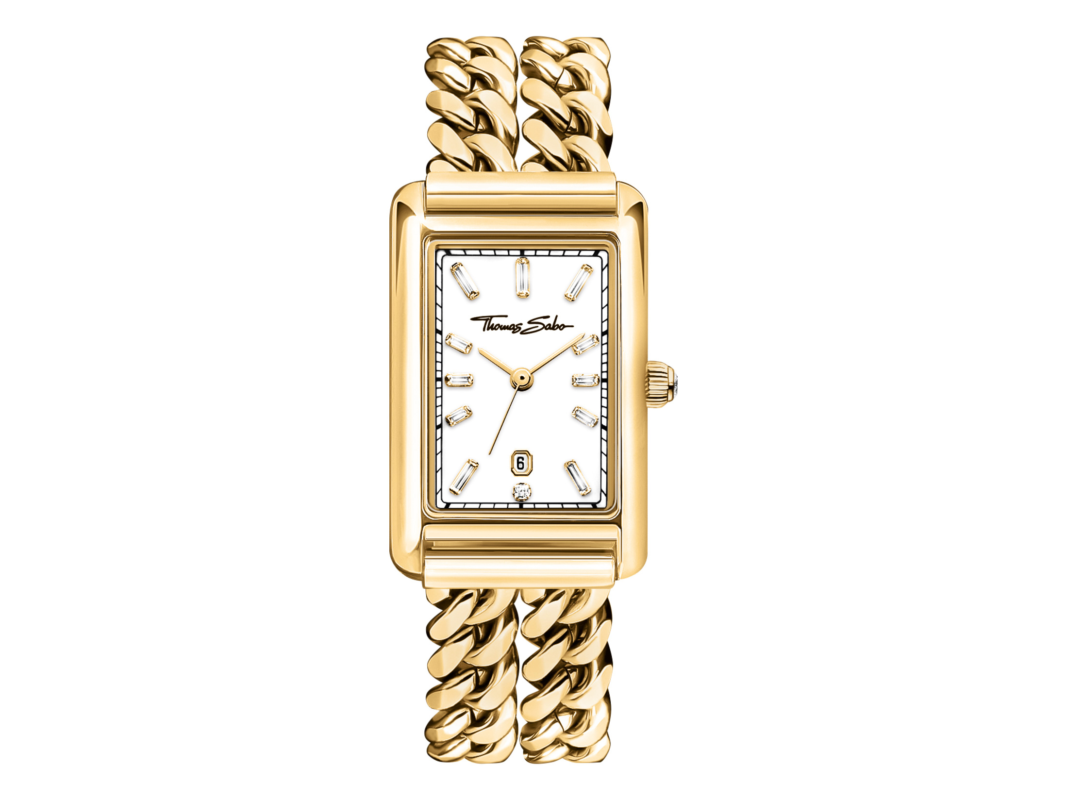 Thomas Sabo Damenuhr WA0429-291-207-22 mm - Elegance Elegante Thomas Sabo Damenuhr WA0429-291-207-22 mm mit goldfarbener Kettenarmband und rechteckigem Gehäuse, weißem Zifferblatt und stilvollen Markierungen. Ideal für modische Akzente.