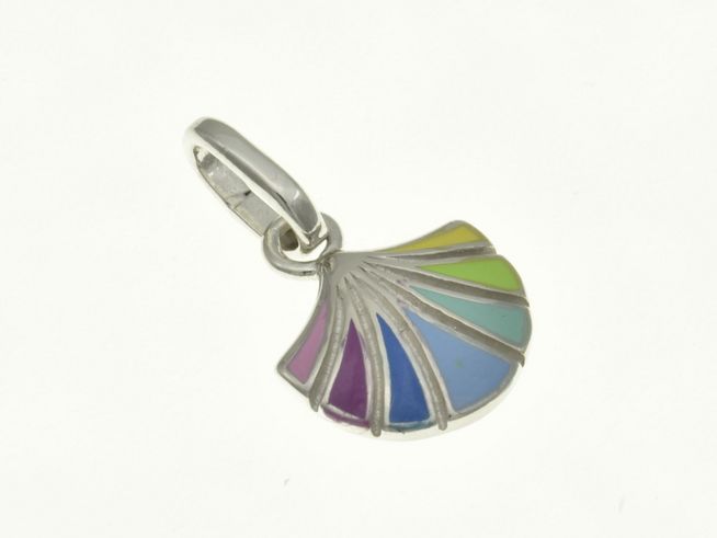 Muschel Anhänger aus rhodiniertem Sterling Silber mit buntem Lack in verschiedenen Farben, hergestellt von Juwelier Harnisch, ideal für Kinder.