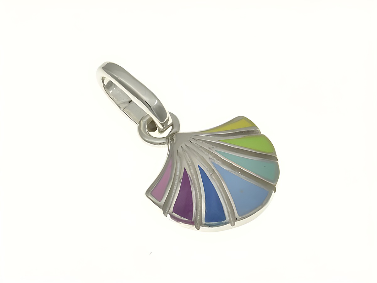 Muschel Anhänger aus rhodiniertem Sterling Silber mit buntem Lack in verschiedenen Farben, hergestellt von Juwelier Harnisch, ideal für Kinder.