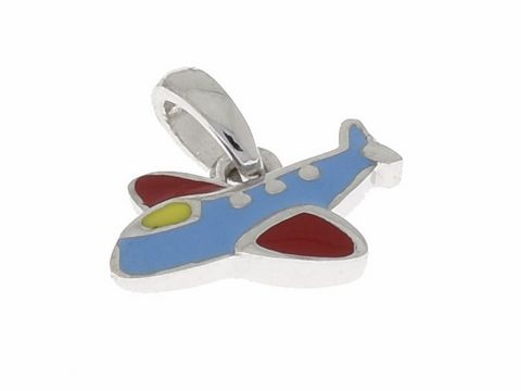 Silber rhodinierter Anhänger in Form eines niedlichen Flugzeugs mit farbigem Lack in Blau, Rot und Gelb, ideal für den Urlaub, hergestellt von Juwelier Harnisch.
