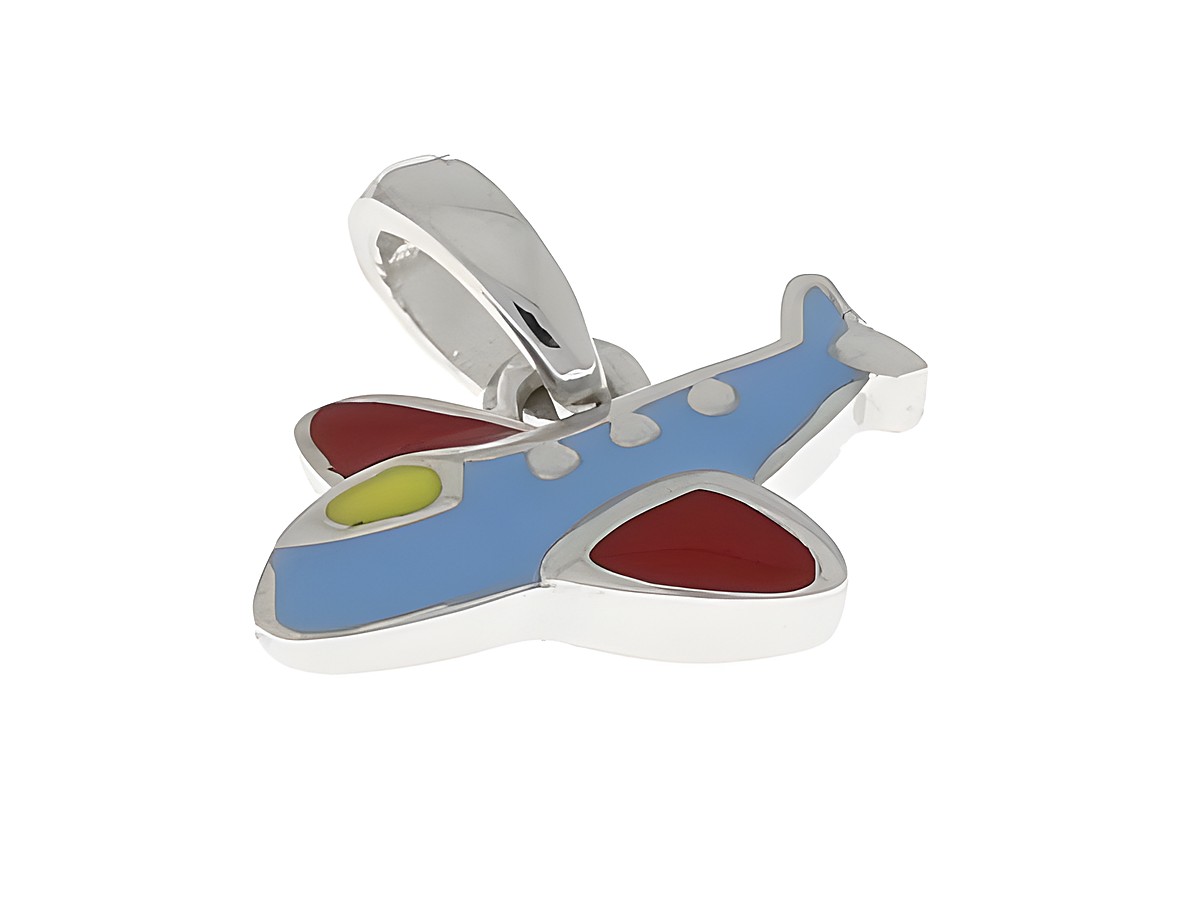 Silber rhodinierter Anhänger in Form eines niedlichen Flugzeugs mit farbigem Lack in Blau, Rot und Gelb, ideal für den Urlaub, hergestellt von Juwelier Harnisch.