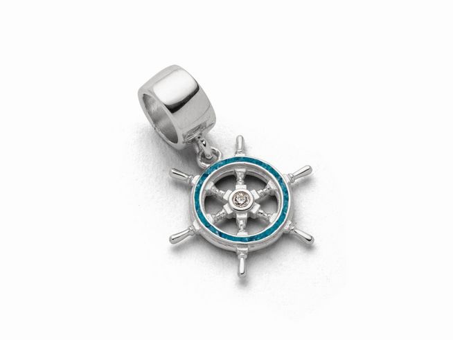 Charm in Form eines Steuerrads aus Sterling Silber mit blauem Steinsand und Zirkonia in der Mitte, ideal für maritime Themen und persönlichen Schmuckstil.