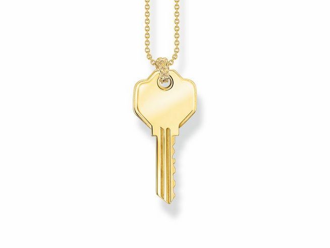Thomas Sabo Gravur Kette mit Schlüssel als Anhänger in vergoldetem Silber, Länge 40-45 cm, stilvolles Schmuckstück für jeden Anlass.