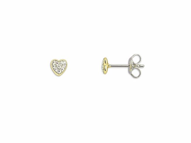 Silberne Ohrstecker in Herzform mit gelbgold vergoldetem Rand und funkelnden Zirkonia-Steinen, Modell XS3737GN aus der LOVE STORY Kollektion von Xenox.
